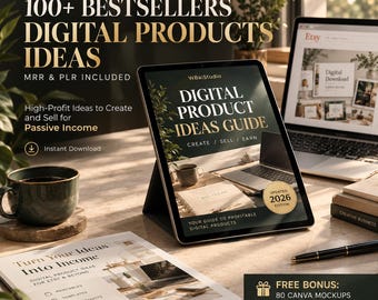 100+ Digital Product Ideas, Digital Products to Sell, Etsy Product Ideas, MRR PLR Guide, Canva Mockups, Digital Download