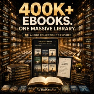 May include: A digital display featuring 400K+ EBOOKS. ONE MASSIVE LIBRARY. A HUGE COLLECTION TO EXPLORE. The screen shows the WBaiStudio LIBRARY interface with various categories, alongside an open book, a tablet, and stacks of books.