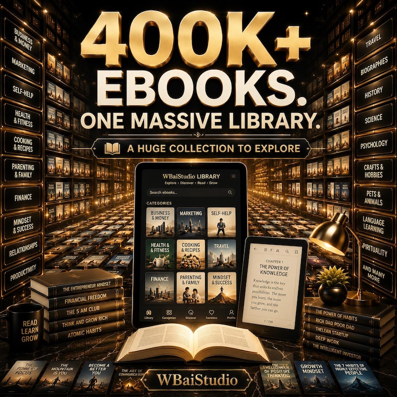 May include: A digital display featuring 400K+ EBOOKS. ONE MASSIVE LIBRARY. A HUGE COLLECTION TO EXPLORE. The screen shows the WBaiStudio LIBRARY interface with various categories, alongside an open book, a tablet, and stacks of books.