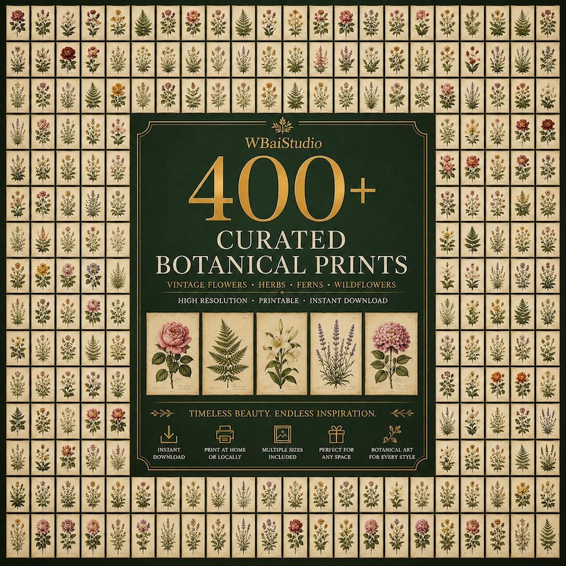 Peut inclure: Une collection num&eacute;rique de plus de 400 impressions botaniques s&eacute;lectionn&eacute;es comprenant des fleurs, herbes, foug&egrave;res et fleurs sauvages anciennes. Le panneau central vert fonc&eacute; affiche le texte WBaiStudio 400+ CURATED BOTANICAL PRINTS.