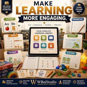 K&ouml;nnte beinhalten: Ein digitales Lernset mit einem Tablet, das 'YOUR COMPLETE LEARNING LIBRARY' sowie Symbole f&uuml;r Arbeitsbl&auml;tter, Lernkarten, Geschichten, Spiele, Druckvorlagen und Aktivit&auml;ten zeigt. Dazu geh&ouml;ren Alphabet-Karten, Mathe-Arbeitsbl&auml;tter, Leseseiten, Malvorlagen, Aktivit&auml;tsseiten, Wortsuchr&auml;tsel, Holzkl&ouml;tze und Buntstifte.