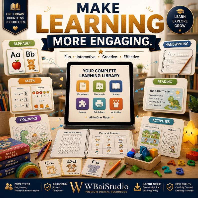K&ouml;nnte beinhalten: Ein digitales Lernset mit einem Tablet, das 'YOUR COMPLETE LEARNING LIBRARY' sowie Symbole f&uuml;r Arbeitsbl&auml;tter, Lernkarten, Geschichten, Spiele, Druckvorlagen und Aktivit&auml;ten zeigt. Dazu geh&ouml;ren Alphabet-Karten, Mathe-Arbeitsbl&auml;tter, Leseseiten, Malvorlagen, Aktivit&auml;tsseiten, Wortsuchr&auml;tsel, Holzkl&ouml;tze und Buntstifte.