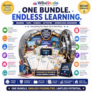 May include: A digital educational resource bundle advertisement featuring a large silver vault filled with colorful workbooks, storybooks, and learning materials. The text reads ONE BUNDLE. ENDLESS LEARNING. and includes icons for reading, math, science, and activities.