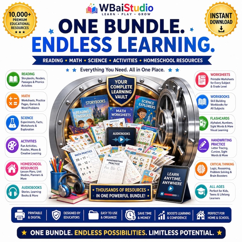 May include: A digital educational resource bundle advertisement featuring a large silver vault filled with colorful workbooks, storybooks, and learning materials. The text reads ONE BUNDLE. ENDLESS LEARNING. and includes icons for reading, math, science, and activities.