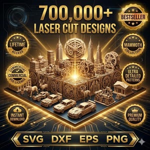 Paquete con más de 700.000 diseños cortados con láser / Archivos SVG, DXF, EPS y PNG / Archivos para enrutador CNC / Plantillas de Glowforge y grabado láser