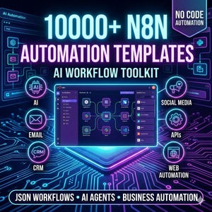 May include: A digital graphic advertising automation templates. The image displays the text "10000+ N8N AUTOMATION TEMPLATES" and "AI WORKFLOW TOOLKIT." Icons represent AI, email, CRM, social media, APIs, and web automation. The background has a circuit board design.