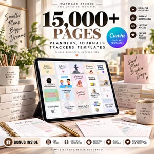 May include: A digital tablet displays a grid of 20 planner and journal template covers, including titles like Daily Planner, Self Care Journal, and Budget. The screen shows various icons and text, surrounded by physical planners, pens, and mugs.