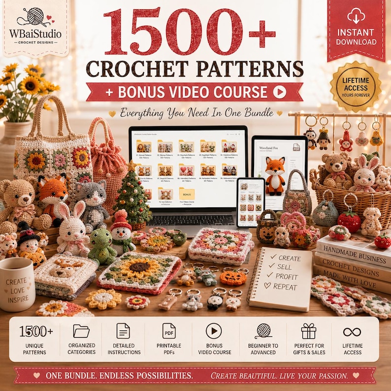 May include: A digital bundle of 1500+ crochet patterns and a bonus video course, displayed with various crocheted items including stuffed animals, bags, and floral squares. The image features a laptop, tablet, and a notebook with text.