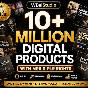 May include: A digital marketing graphic with the text "10+ MILLION DIGITAL PRODUCTS" in gold. The image features icons for eBooks, Canva templates, online courses, and social media kits. The text also includes "WITH MRR & PLR RIGHTS".