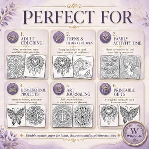 May include: A graphic display titled PERFECT FOR featuring six numbered sections with icons and text. Each section showcases black and white line art illustrations including mandalas, a dreamcatcher, a fish, a unicorn, a butterfly, and flowers.