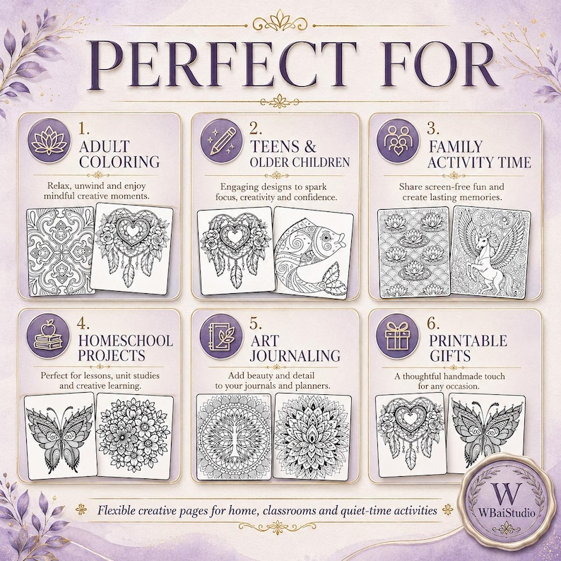 May include: A graphic display titled PERFECT FOR featuring six numbered sections with icons and text. Each section showcases black and white line art illustrations including mandalas, a dreamcatcher, a fish, a unicorn, a butterfly, and flowers.