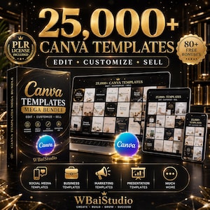 Puede incluir: Un paquete de productos digitales con más de 25,000 plantillas de Canva, que incluye una caja, computadora portátil, tableta y teléfono inteligente con varios diseños. La estética negra y dorada incluye etiquetas para redes sociales y negocios.