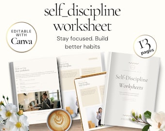 Self Discipline Worksheet, Editable Canva Personal Growth Workbook, Habit Tracker, Goal Setting Planner, Productivity Self Improvement Guide