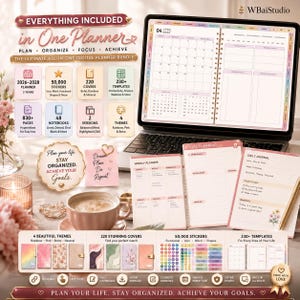 Puede incluir: Un paquete de planificador digital mostrado en una pantalla de port&aacute;til y p&aacute;ginas impresas, con un calendario 2026-2028, 50,000 pegatinas, 220 portadas y 230 plantillas. La interfaz muestra una vista mensual de abril 2024, metas y diario.