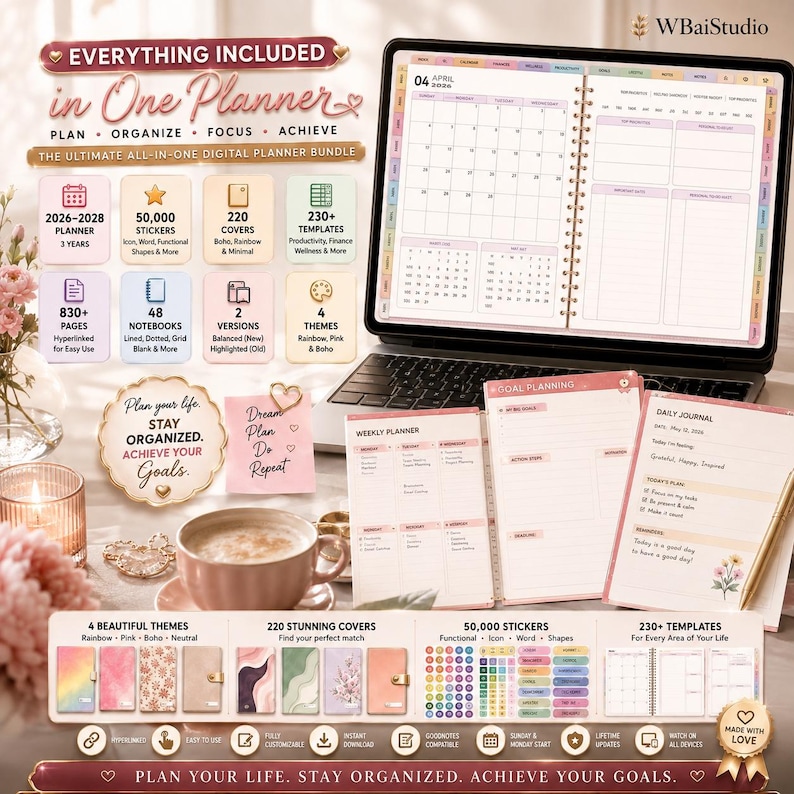 Puede incluir: Un paquete de planificador digital mostrado en una pantalla de port&aacute;til y p&aacute;ginas impresas, con un calendario 2026-2028, 50,000 pegatinas, 220 portadas y 230 plantillas. La interfaz muestra una vista mensual de abril 2024, metas y diario.