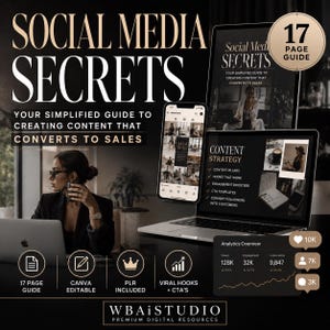 Może przedstawiać: 17-stronicowy przewodnik cyfrowy zatytułowany Social Media Secrets: Your Simplified Guide to Creating Content That Converts to Sales. Zestaw zawiera laptopa, smartfona i tablet wyświetlający strategię treści oraz dane analityczne.