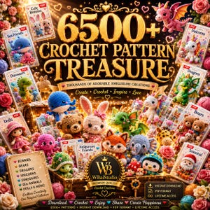 Puede incluir: Una colección digital de más de 6500 patrones de ganchillo titulada Crochet Pattern Treasure, que presenta numerosas creaciones amigurumi como conejos, osos, dragones, unicornios y animales marinos, con iconos PDF y el logotipo de WBaiStudio.