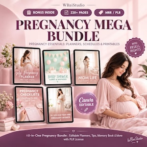 May include: A digital Pregnancy Mega Bundle featuring 220+ pages of planners, schedules, and printables. The set includes five tablet displays showing covers for My Pregnancy Planner, Baby Shower Games, Mom Life, Pregnancy Checklists, and 50 Tips for First-Time Pregnant Women. Includes Canva editable files and resell rights.
