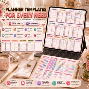 Puede incluir: Un conjunto de plantillas de planificador digital mostrado en una pantalla de tableta y una hoja impresa, con secciones para productividad, objetivos, bienestar y finanzas, incluyendo m&aacute;s de 230 plantillas y 830 p&aacute;ginas con pesta&ntilde;as.