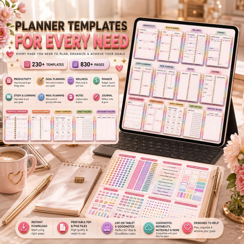 Puede incluir: Un conjunto de plantillas de planificador digital mostrado en una pantalla de tableta y una hoja impresa, con secciones para productividad, objetivos, bienestar y finanzas, incluyendo m&aacute;s de 230 plantillas y 830 p&aacute;ginas con pesta&ntilde;as.