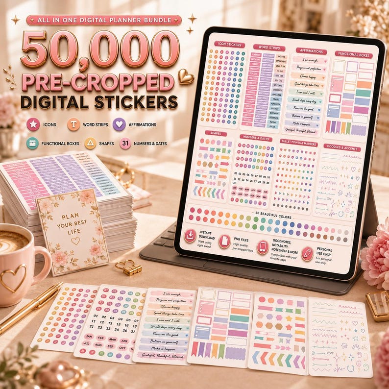 Puede incluir: Un paquete de planificador digital con 50,000 pegatinas digitales precortadas en una pantalla de tableta y hojas impresas. El texto dice ALL IN ONE DIGITAL PLANNER BUNDLE, 50,000 PRE-CROPPED DIGITAL STICKERS, PLAN YOUR BEST LIFE y m&aacute;s.