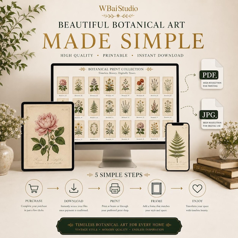 Peut inclure: Un &eacute;cran affichant une collection d'impressions botaniques avec diverses illustrations de fleurs et de plantes. L'&eacute;cran affiche le texte "BOTANICAL PRINT COLLECTION" et "Timeless Beauty, Digitally Yours." Inclut des ic&ocirc;nes de fichiers PDF et JPG.