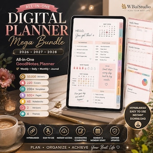 Pode incluir: Um pacote de planejador digital para 2026, 2027 e 2028 exibido em uma tela de tablet. A interface apresenta um calendário de maio de 2026, agenda diária, rastreador de água, rastreador de hábitos e listas de tarefas com seções de notas.