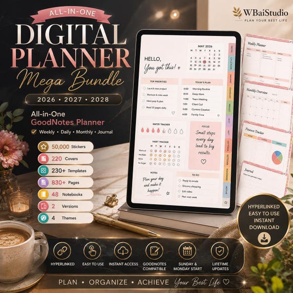 Digital Planner 2026 2027 2028 | GoodNotes Planner | All In One Digital Planner | iPad Planner | Hyperlinked Planner | Digital Journal