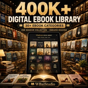 Puede incluir: Una tableta digital que muestra la interfaz WBaiStudio EBOOK LIBRARY con una cuadrícula de categorías como Business, Marketing y Health, sobre un fondo de estanterías iluminadas y el texto 400K+ DIGITAL EBOOK LIBRARY.