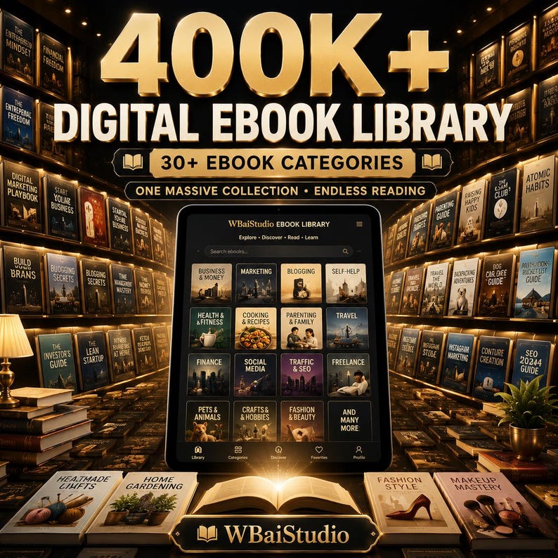 May include: A digital tablet displaying the WBaiStudio EBOOK LIBRARY interface with a grid of categories like Business, Marketing, and Health, set against a background of illuminated bookshelves and the text 400K+ DIGITAL EBOOK LIBRARY.