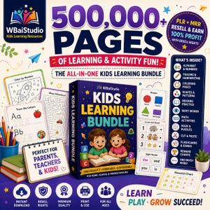 May include: A digital learning bundle featuring a box labelled Kids Learning Bundle with illustrations of two children reading, surrounded by activity sheets including colouring pages, mazes, alphabet tracing, and reward charts with text.