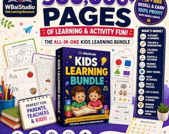 Könnte beinhalten: Ein digitales Lernpaket mit einer Box mit der Aufschrift Kids Learning Bundle und Illustrationen von zwei lesenden Kindern, umgeben von Arbeitsblättern wie Ausmalbildern, Labyrinthen, Buchstabenübungen und Belohnungstabellen mit Text.