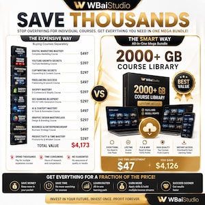 May include: A promotional graphic for WBaiStudio featuring a comparison between buying individual courses and a 2000+ GB course library bundle. The image displays a list of course titles with prices, a laptop, tablet, and smartphone showing the library.