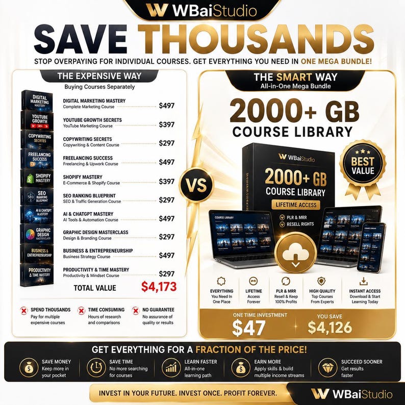 May include: A promotional graphic for WBaiStudio featuring a comparison between buying individual courses and a 2000+ GB course library bundle. The image displays a list of course titles with prices, a laptop, tablet, and smartphone showing the library.