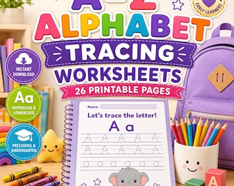 May include: A-Z Alphabet Tracing Worksheets set featuring 26 printable pages. The cover displays the title, a spiral-bound worksheet with the letter A, a cartoon elephant, and a cup filled with coloured pencils next to a purple backpack.