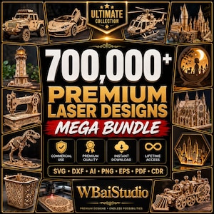 May include: A digital promotional graphic for a collection of 700,000+ premium laser designs. The image features a central text overlay surrounded by various wooden laser-cut models including a car, helicopter, lighthouse, and train.