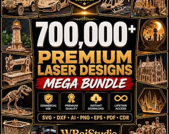 May include: A digital promotional graphic for a collection of 700,000+ premium laser designs. The image features a central text overlay surrounded by various wooden laser-cut models including a car, helicopter, lighthouse, and train.