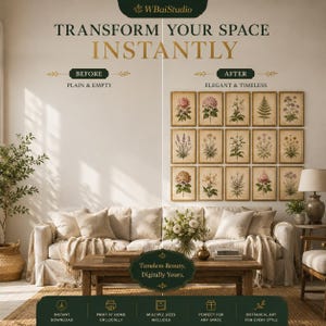 Peut inclure: Un graphique divis&eacute; montrant un mur vide &agrave; gauche et un mur d&eacute;cor&eacute; de quinze impressions botaniques encadr&eacute;es &agrave; droite. Les images pr&eacute;sentent diverses fleurs et plantes dans une grille au-dessus d'un canap&eacute; beige et d'une table basse.