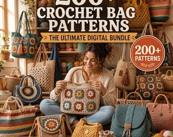 Può includere: Un pacchetto digitale di 200+ schemi per borse all'uncinetto che mostra varie borse fatte a mano in diversi colori, texture e stili, inclusi design granny square, colori solidi e motivi a righe in un laboratorio artigianale.