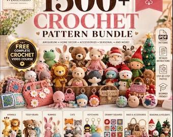 Peut inclure: Un ensemble numérique de plus de 1500 modèles de crochet incluant des animaux amigurumi, des sacs et des décorations saisonnières. L'image présente diverses figurines crochetées comme des ours, des lapins et un bonhomme de neige avec du texte.