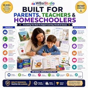 May include: A digital educational resource bundle advertisement titled BUILT FOR PARENTS, TEACHERS & HOMESCHOOLERS. It features a variety of learning materials including workbooks, flashcards, math practice sheets, and science activities for children.
