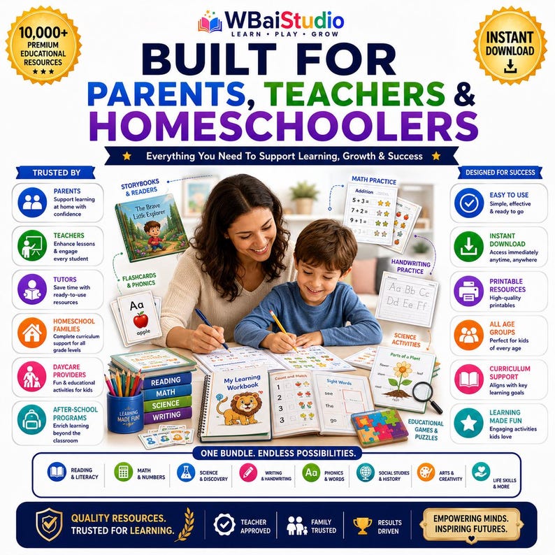 May include: A digital educational resource bundle advertisement titled BUILT FOR PARENTS, TEACHERS & HOMESCHOOLERS. It features a variety of learning materials including workbooks, flashcards, math practice sheets, and science activities for children.