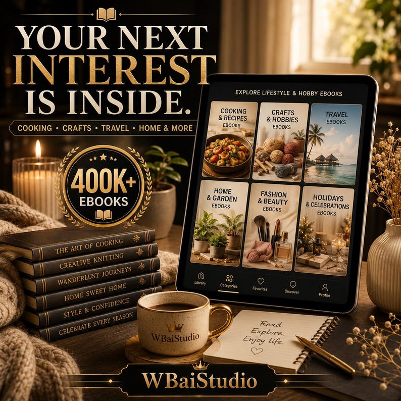May include: A digital tablet displaying an ebook library app with categories like Cooking, Crafts, and Travel. Beside it sits a beige mug labeled WBaiStudio, a notebook with the text Read. Explore. Enjoy life., and a stack of books with gold lettering.