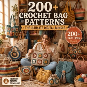 Può includere: Un pacchetto digitale di oltre 200 schemi per borse all'uncinetto con vari design, tra cui borse granny square, borse a mano strutturate e pochette con coulisse in colori come ottanio, senape e beige, presentati come una raccolta di immagini.