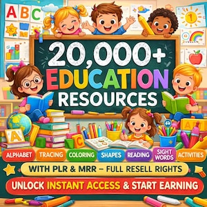 Peut inclure: Illustration colorée promouvant des ressources éducatives. Représente des enfants, des livres et des fournitures scolaires. Le texte comprend "20,000+ EDUCATION RESOURCES" et des mots-clés comme "ALPHABET", "COLORING" et "ACTIVITIES". Inclut également "UNLOCK INSTANT ACCESS & START EARNING".