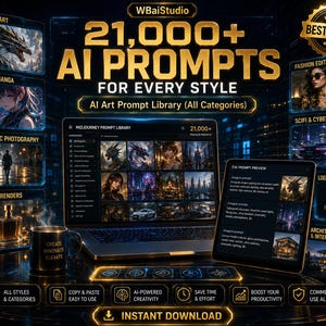 Op de afbeelding: Digitale advertentie voor een AI-kunstpromptbibliotheek. De afbeelding toont een laptop en tablet met AI-gegenereerde kunst, met de tekst "21.000+ AI Prompts For Every Style". Extra tekst is onder meer "Direct downloaden" en "Commercieel gebruik toegestaan".