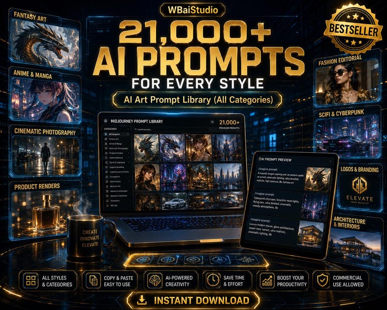 Op de afbeelding: Digitale advertentie voor een AI-kunstpromptbibliotheek. De afbeelding toont een laptop en tablet met AI-gegenereerde kunst, met de tekst "21.000+ AI Prompts For Every Style". Extra tekst is onder meer "Direct downloaden" en "Commercieel gebruik toegestaan".