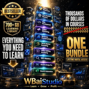 May include: A digital learning bundle graphic featuring a vertical stack of glowing course modules including Python, AI, Web Development, and Marketing. Text includes 'BESTSELLER', '700+ GB LEARNING LIBRARY', 'ONE BUNDLE', and 'WBaiStudio'.