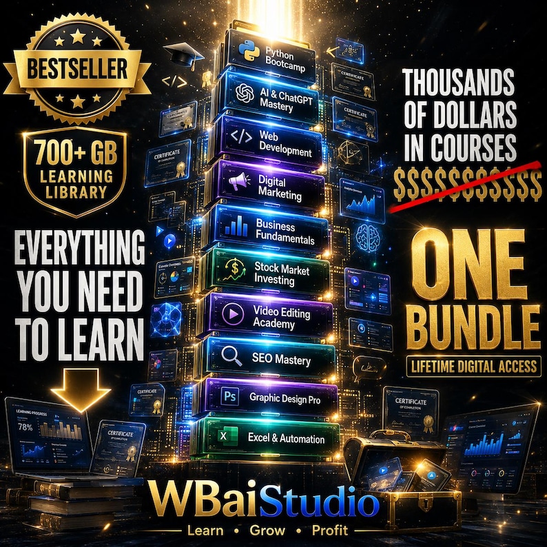 May include: A digital learning bundle graphic featuring a vertical stack of glowing course modules including Python, AI, Web Development, and Marketing. Text includes 'BESTSELLER', '700+ GB LEARNING LIBRARY', 'ONE BUNDLE', and 'WBaiStudio'.