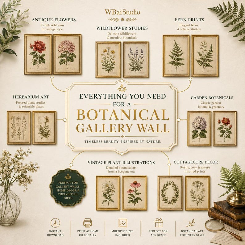 Peut inclure: Une collection d'impressions d'art botanique pr&eacute;sentant des fleurs anciennes, des &eacute;tudes de fleurs sauvages, des foug&egrave;res, des herbiers, des plantes de jardin et des illustrations de plantes vintage. Le texte indique Botanical Gallery Wall.